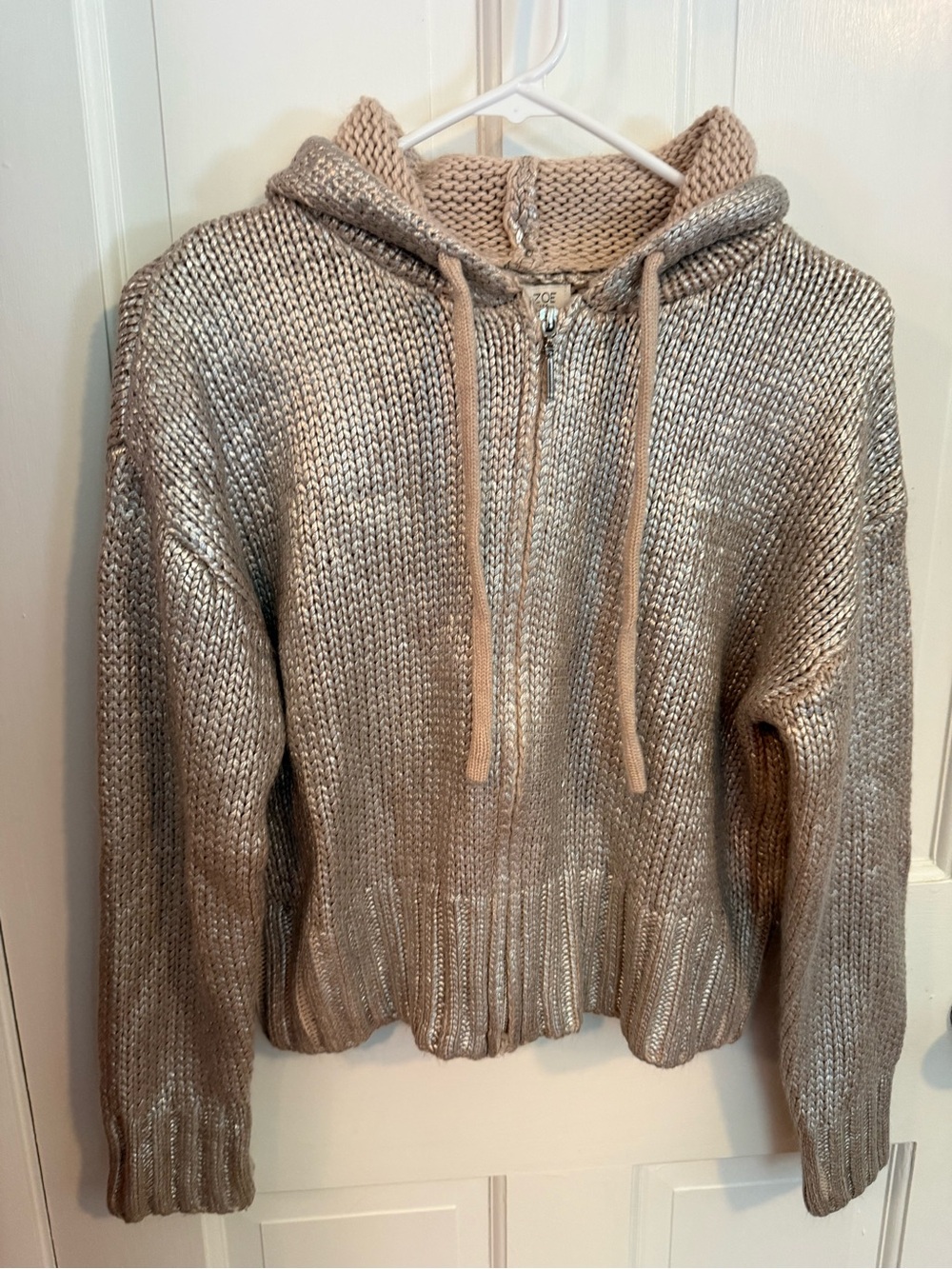 Rachel Zoe Metallic Knit Zip Hoodie in Beige and Silver